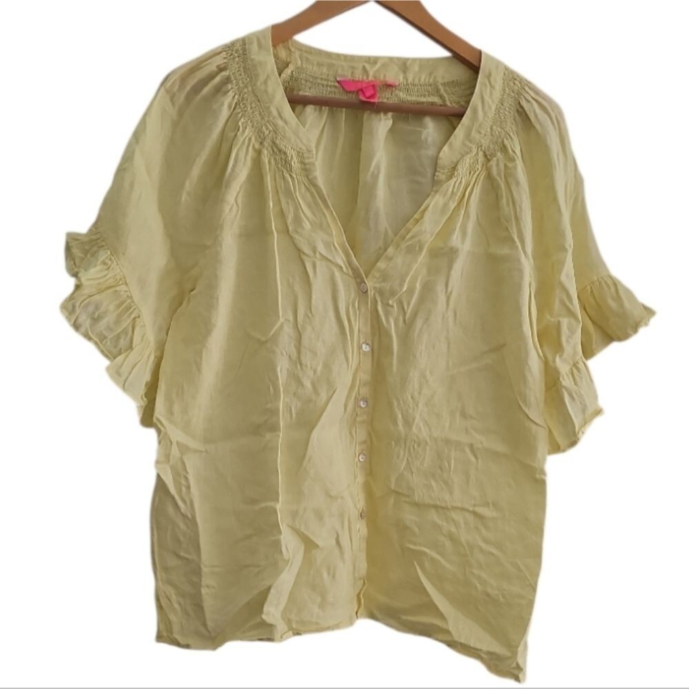Lilly Pulitzer 100% Linen Blouse Women’s L Yellow Ruffle Sleeve Resort Top